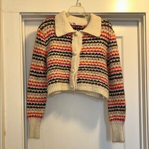 Zara Cream Multicolor Striped Chunky & Fuzzy Knit Women’s Cardigan - Size Small